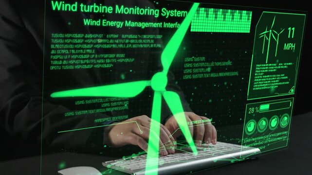 Explore a futuristic wind turbine monitoring system featuring a green energy management interface, showcasing real-time data visualization for sustainable energy solutions. Cipher - Powered by Adobe