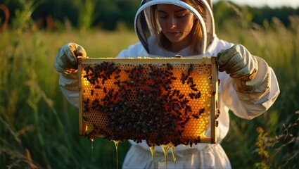Beekeeper holding a honeycomb full of bees in a summer field. Concept of organic beekeeping and nature harmony. Generative AI.