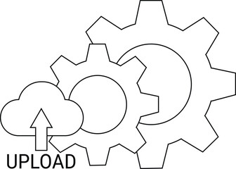 A cloud with an upload arrow next to two interlocking gears with UPLOAD text underneath the cloud icon