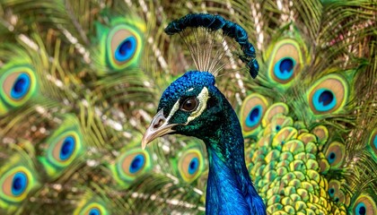 Close-up of a peacock's head and open, vibrant tail feathers