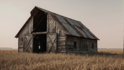 Rustic Barn in a Field of Golden Grass.