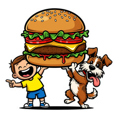 cute boy and dog holding a giant happy cheeseburger illustration