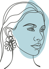 Minimalist woman face with floral earring profile line art