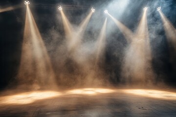 Dramatic stage lighting with fog creating an atmospheric backdrop for a performance