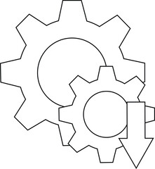 Two interlocking gears a large one atop a smaller with a downpointing arrow extending from the lower gear