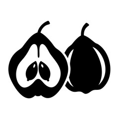 A black and white silhouette of a pear cut in half, revealing its core and seeds, next to a whole pear, isolated on a