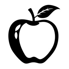 A black and white silhouette of a whole apple with a leaf and stem, isolated on a