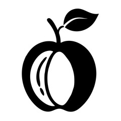Stylized black silhouette of a halved apple with a leaf and stem