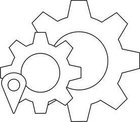 Two interlocking gears with a map pin icon overlayed