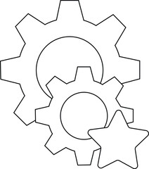 Two interlocking gears with a star on the right side all outlined in black on a white background
