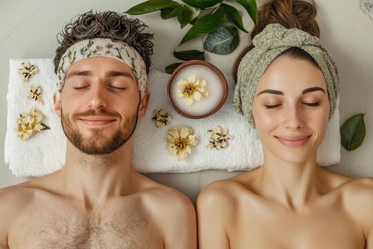 Couple enjoying a relaxing spa day with natural elements in a serene setting - Powered by Adobe