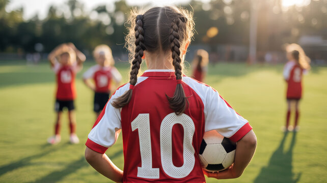 Young soccer player with number 10 on jersey holding ball 