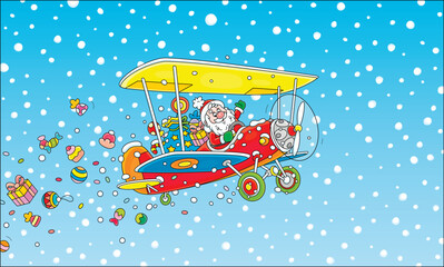 Santa Claus flying in his small colorful biplane through snowfall and carrying a large magical bag of winter holiday gifts for little kids, vector cartoon illustration
