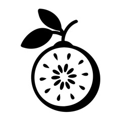 Stylized black and white illustration of a sliced orange with leaves