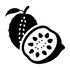 Black silhouette of a whole soursop fruit and a half soursop showing seeds