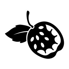Black silhouette of a stylized plum or similar fruit with a leaf and stem, featuring a unique textured pattern of holes, isolated on a, ideal for graphic design and foodrelated themes