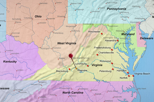 Colorful location map with red stick pin at Roanoke, Virginia, United States of America, USA and the surrounding area