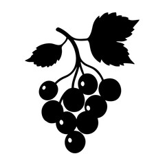 Black silhouette of a cluster of berries on a branch with leaves, isolated on a, a stylized representation of a fruit group, suitable for natural themes, harvest imagery, and healthy eating visuals