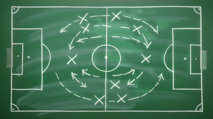 Soccer strategy drawn on a chalkboard with arrows and xs