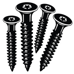 Close up of four wood screws with star drive heads
