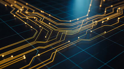Golden glowing electronic circuit board background representing technology and digital connection
