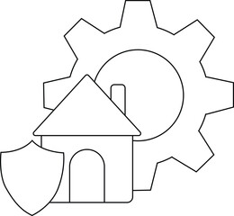 A house icon is protected by a shield with a gear in the background represented with clean line art