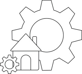 A house is depicted with a large and small gear on either side set against a backdrop of a larger cogwheelshaped structure