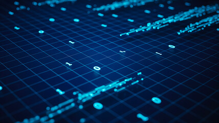 Blue digital binary code grid background representing data technology and network system
