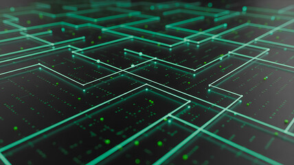 Futuristic green digital circuit grid background with glowing lines and data pattern
