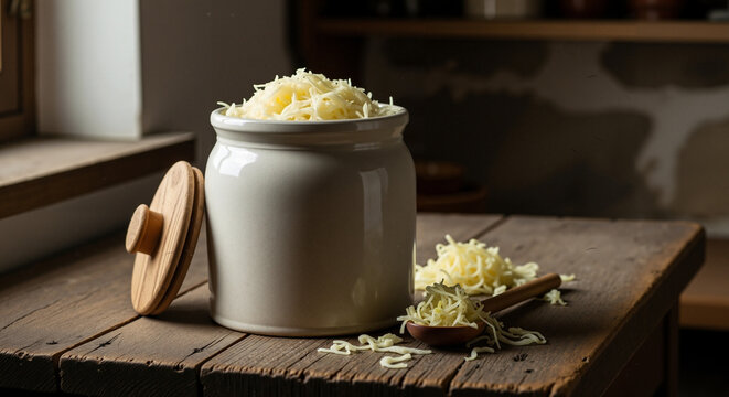 Crock of sauerkraut in a ceramic jar on wooden table with sunlight  