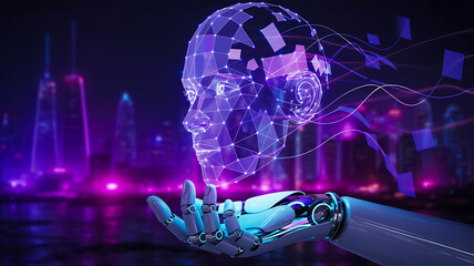 Futuristic ai concept with robotic hand holding holographic digital human face over city background
