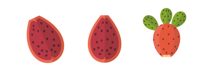 Prickly pear cactus fruit set, whole and cut pieces, red speckled skin, juicy interior, desert tropical vector