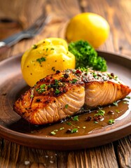 Close-up of a plated salmon fillet with vegetables and lemon