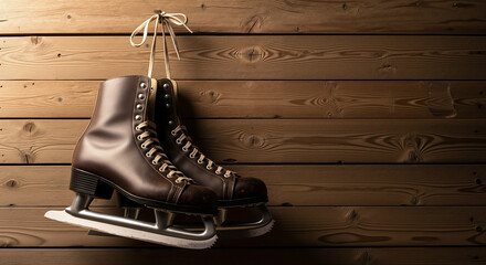 Brown ice skates hanging on rustic wooden wall  