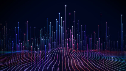 Dynamic data visualization with glowing lines representing digital transformation and technology's...