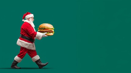 Santa Claus joyfully carries a giant burger against during the holiday season, Green Screen  Chroma Key Background