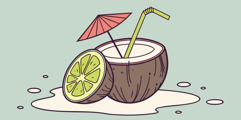 Fresh Coconut Drink with Straw Flat Minimal Vector Art