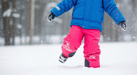 Child in snow pants walking through snowy landscape in winter  