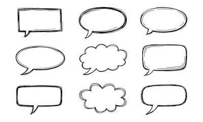 Fototapeta premium Nine hand drawn speech bubbles of various shapes are arranged on the white background