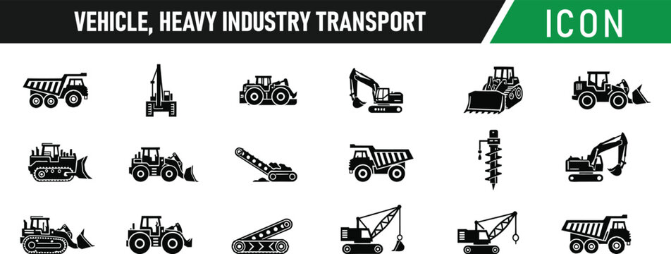 Vehicle mining heavy industry transport icon set. Including Excavator, Bulldozer, Dump Truck, Crane, Forklift, Tractor, Loader, Cement Mixer, Haul Truck, Road Roller. Vector silhouette illustration