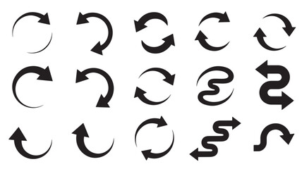 A collection of fifteen different black arrow icons, showing various circular, curved, and wavy shapes for direction and refresh symbols.