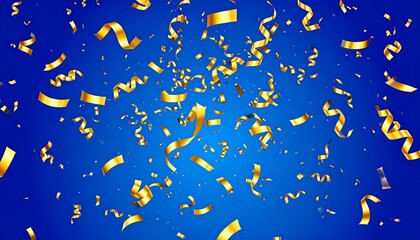 Glossy, gold ribbons and confetti falling against a vibrant blue background