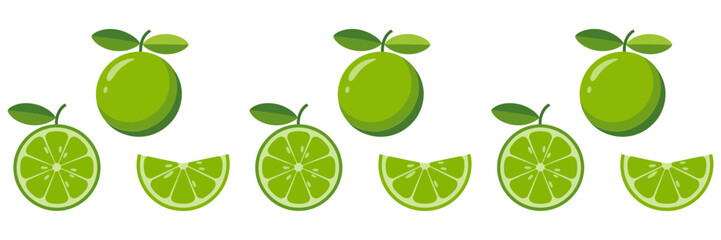 Lime slices border pattern, repeating green halves with leaves, refreshing citrus decoration, summer drink design vector