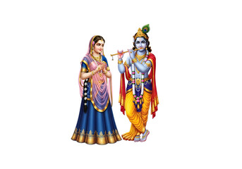 Fototapeta premium Lord krishna playing flute with radha on white background
