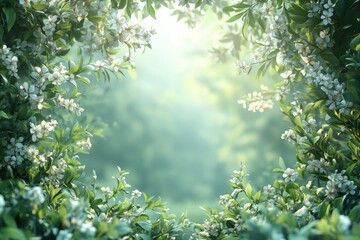 Fototapeta premium A serene garden scene framed by blooming white flowers and lush green foliage in soft morning light