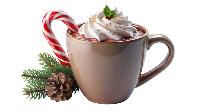 A festive mug of hot chocolate topped with whipped cream, garnished with a candy cane, pine branch, and pine cone, isolated on transparent background