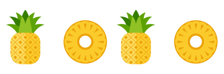 Pineapple rings and tops, juicy golden slices, tropical fruit set, summer smoothie garnish, fresh market vector illustration