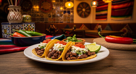 Delicious beef tacos with fresh toppings on a white plate in a vibrant restaurant setting