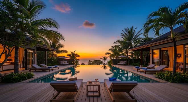 Tropical Paradise Villa with Infinity Pool at Sunset. Luxury Vacation