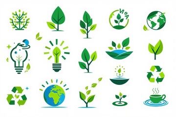 Collection of eco friendly green icons and symbols for sustainability and nature